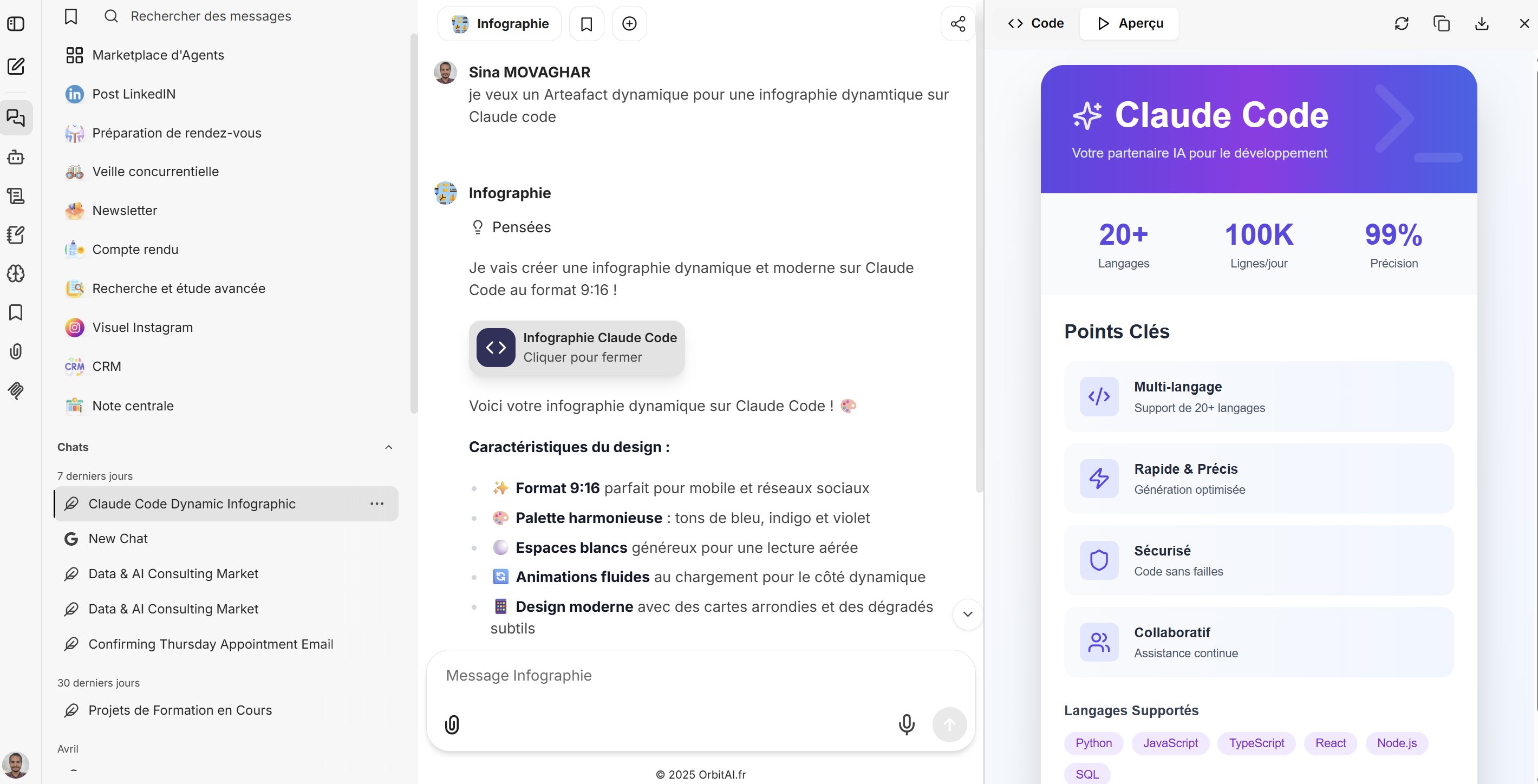 Interface OrbitAI avec agents, artefacts et connecteurs